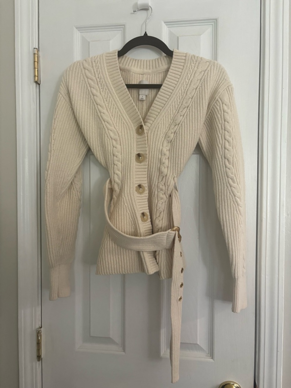 Maeve Cream Cable-Knit V-Neck Belted Cardigan